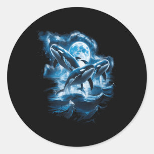 Adesivo Redondo Três Orcas Moon Retro Ocean Nature Marine