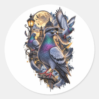 Adesivo Redondo Três Pombos Gráficos Vintage, Lua de Pombo Retro
