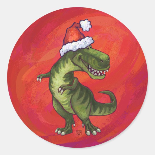 Adesivo Redondo TRex Dino em Santa Hat em Vermelho (Frente)