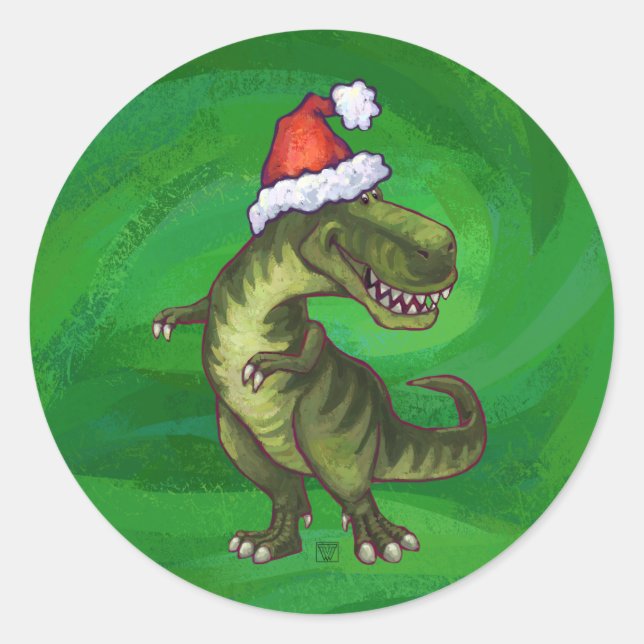 Adesivo Redondo TRex em Santa Hat em Verde (Frente)