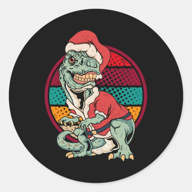 Adesivo Redondo TRex Papai Noel Dinossauro Feliz Engraçada Xm (Frente)