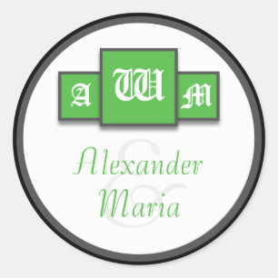 Adesivo Redondo Tri-Monogram Green Modern Wedding Stickers/Seals
