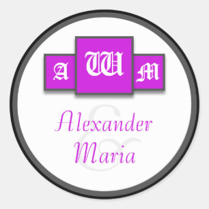 Adesivo Redondo Tri-Monogram Purple Modern Wedding Stickers/Seals