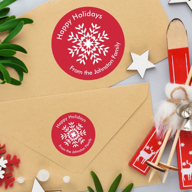 Adesivo Redondo Tribal Snowflake - Geométrico Vermelho Natal (Available in two sizes. The texts and background color are customizable.)