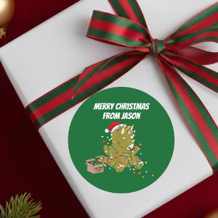 Adesivo Redondo Triceratops Engraçado Enroscado em Luzes de Natal