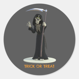 Adesivo Redondo Trick or Treat. Cartoon Grim Reaper