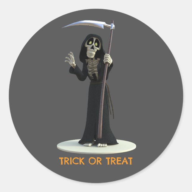 Adesivo Redondo Trick or Treat. Cartoon Grim Reaper (Frente)
