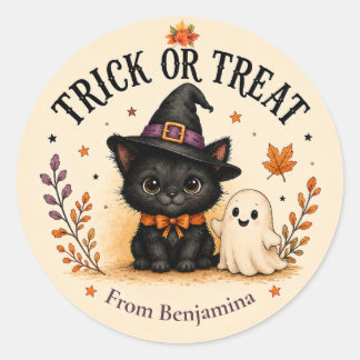 Adesivo Redondo Trick or Treat Gato Preto & Fantasma Halloween