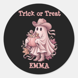 Adesivo Redondo Trick or Treat Vaqueiro Fantasma Rosa