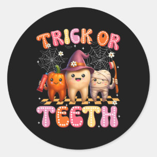 Adesivo Redondo Trick Ou Teeth Crew Dental Halloween Fatos