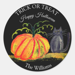 Adesivo Redondo Trick ou Tratar Abóbora de Halloween Gato