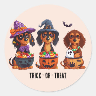 Adesivo Redondo Trick Ou Tratar Cães De Dachshund Halloween