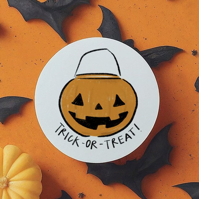 Adesivo Redondo Trick ou Tratar Pumpkin Laranja Ilustrado (Trick or Treat Illustrated Orange Retro Pumpkin Classic Round Sticker)