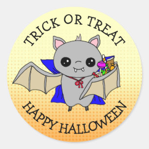 Adesivo Redondo Trick ou Treine Bat Cute Segurando Doces Halloween