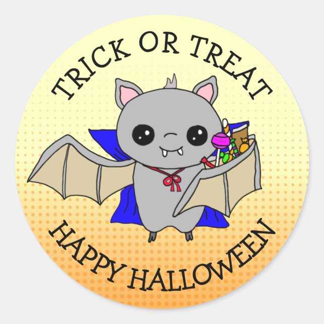 Adesivo Redondo Trick ou Treine Bat Cute Segurando Doces Halloween (Frente)