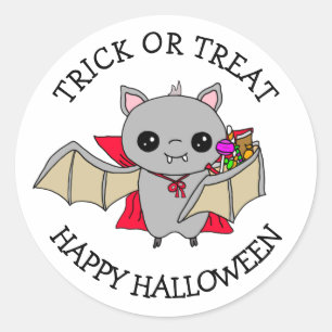 Adesivo Redondo Trick ou Treine Bat Cute Segurando Doces Halloween
