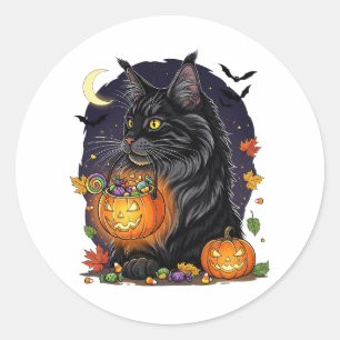 Adesivo Redondo Trick ou Treine Maine Coon - Gato Halloween