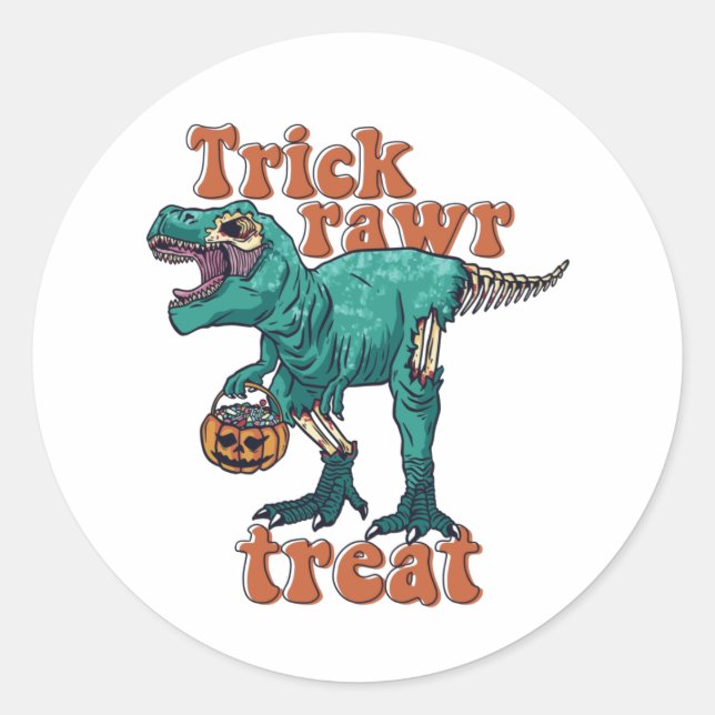 Adesivo Redondo Trick Rawr Treat Zombie T Rex Halloween Dinossaur (Frente)