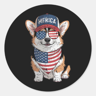Adesivo Redondo Tricolor Corgi 4 De Julho Dos Eua Flag Dog P