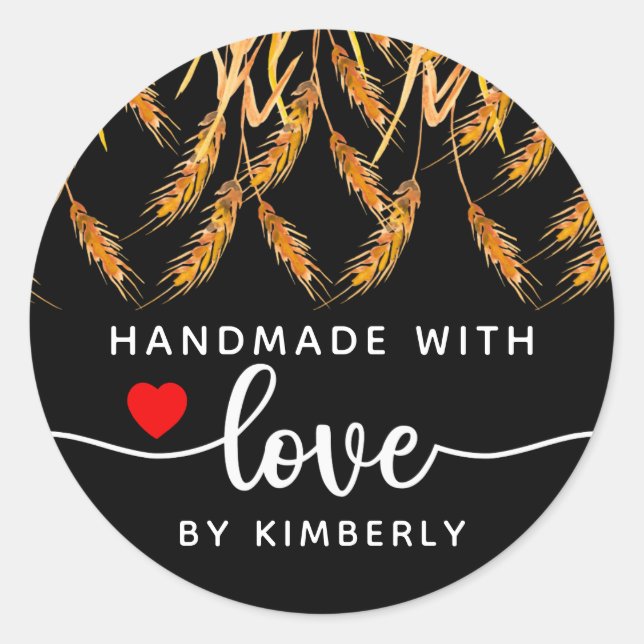 Adesivo Redondo Trigo feito à mão com amor preto (Frente)