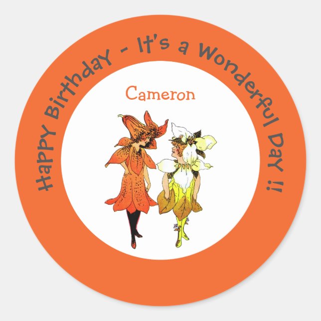 Adesivo Redondo Trillium Tiger-Lily Whimsical Flower Party Supply (Frente)