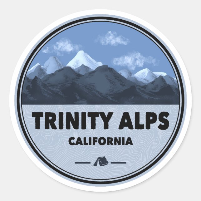 Adesivo Redondo Trinity Alps Camping na Califórnia (Frente)