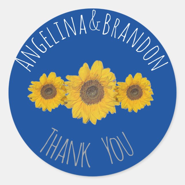 Adesivo Redondo Trio de girassol para casamentos - Obrigado (Frente)