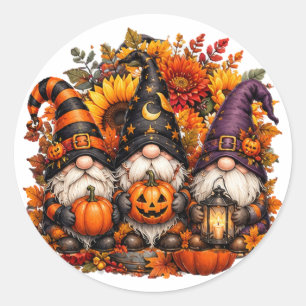 Adesivo Redondo Trio de Gnomos de Halloween Adoráveis Abóboras