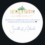 Adesivo Redondo Tropical Beach Sunset Honeymoon Fund Casal Shower<br><div class="desc">Bem-vindos aos seus convidados numa viagem imaginária ao seu futuro destino de lua de mel com este projeto Tropical Beach Sunset Honeymoon Fund Wedding Shower. Personalize facilmente o texto com os detalhes do seu partido. Feliz lua de mel! ótimo</div>