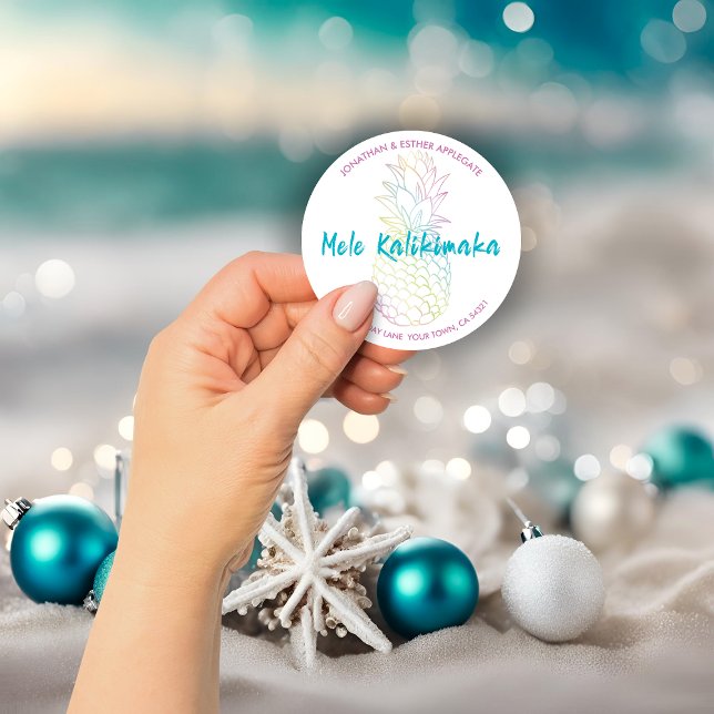 Adesivo Redondo Tropical de Abacaxi de Natal Mele Kalikimaka (Mele Kalikimaka Christmas Pineapple Tropical Classic Round Sticker)