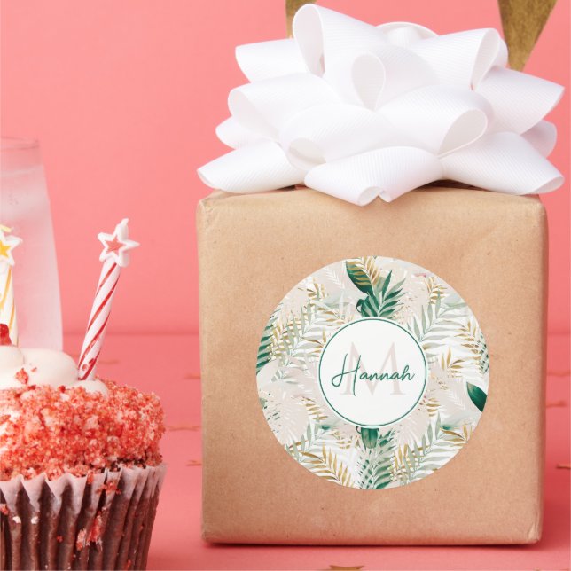 Adesivo Redondo Tropical de Verão, Dourada Folhagem Verde (Festa)