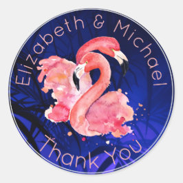 Adesivo Redondo Tropical Flamingo Rosa Azul Obrigado Por