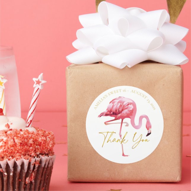 Adesivo Redondo Tropical Flamingo Sweet 16 Obrigado ID922 (Festa)