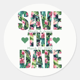 Adesivo Redondo Tropical Floral Havaiano SAVE THE DATE Personaliza