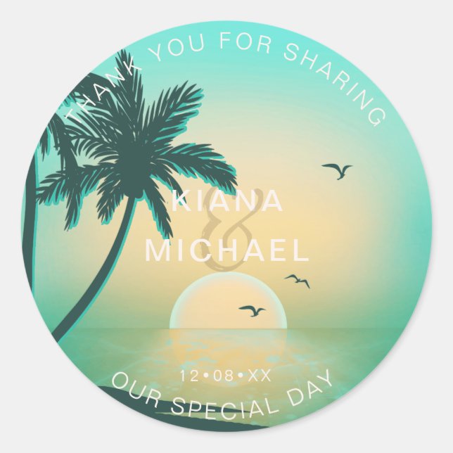 Adesivo Redondo Tropical Isle Sunrise Obrigados Teal ID581 (Frente)