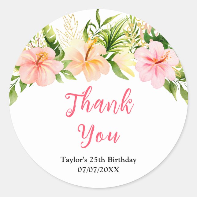 Adesivo Redondo Tropical Jungle Floral Birthday Party Thank You (Frente)