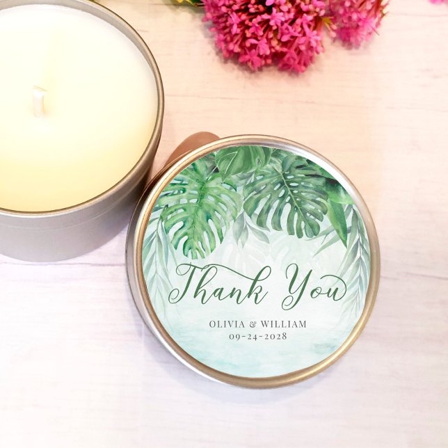 Adesivo Redondo Tropical Leaves Watercolor Obrigado Casamento (Criador carregado)