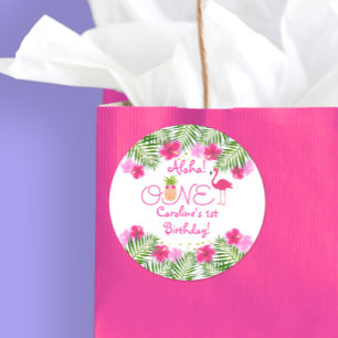 Adesivo Redondo Tropical Luau Flamingo Pineapple Primeiro Anivers