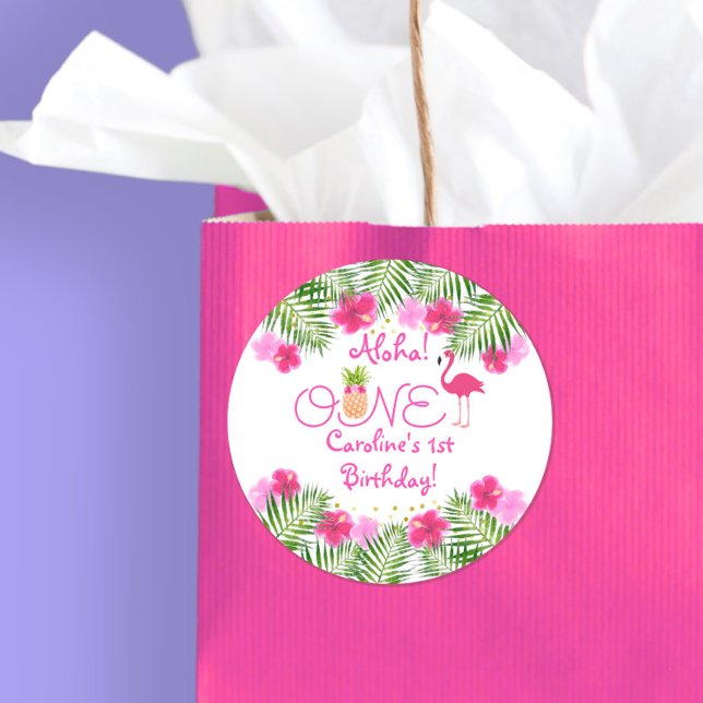 Adesivo Redondo Tropical Luau Flamingo Pineapple Primeiro Aniversá (Criador carregado)