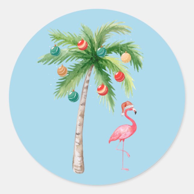 Adesivo Redondo Tropical Palm Tree Flamingo Holiday Party (Frente)