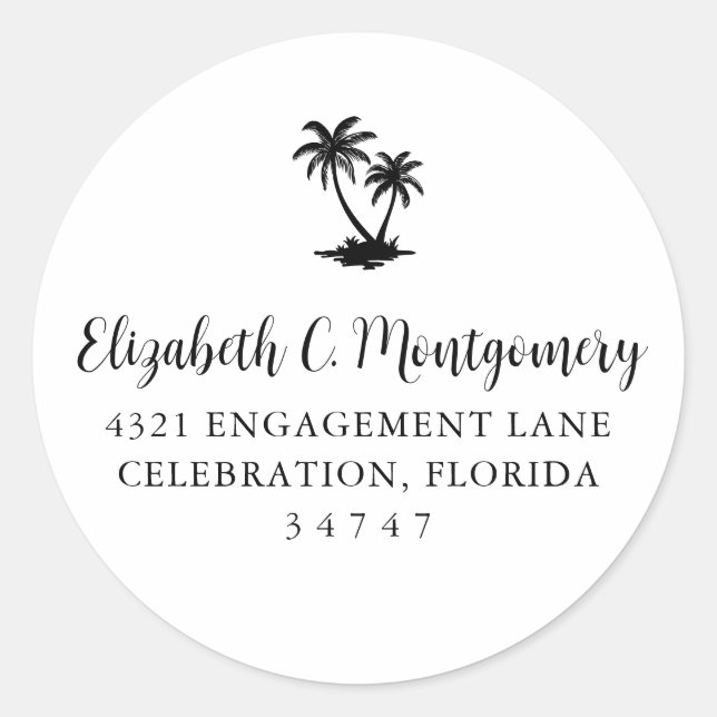 Adesivo Redondo Tropical Palm Tree Home Address (Frente)