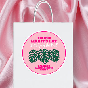 Adesivo Redondo Tropical Rosa Brilho Monstera Festa de Despedida d