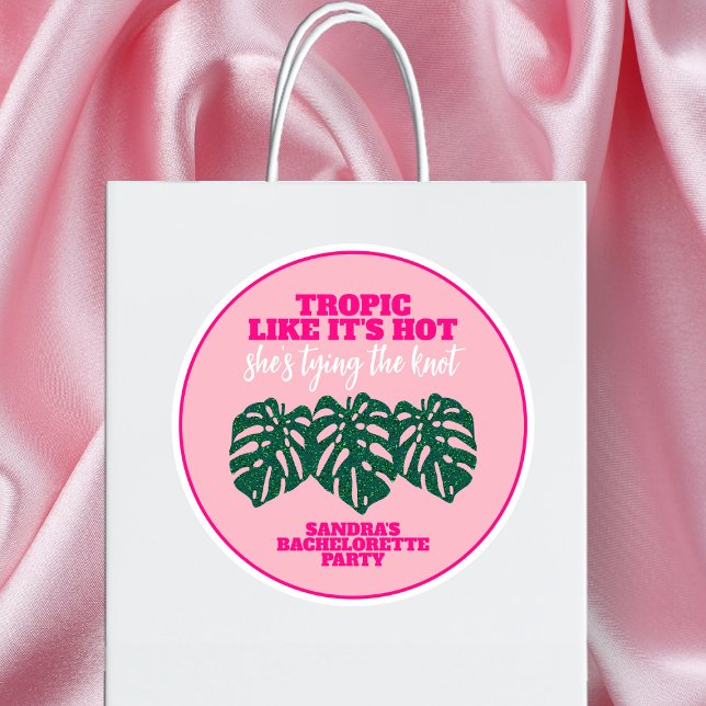 Adesivo Redondo Tropical Rosa Brilho Monstera Festa de Solteira (Tropical Pink Glitter Monstera Bachelorette Party Classic Round Sticker)