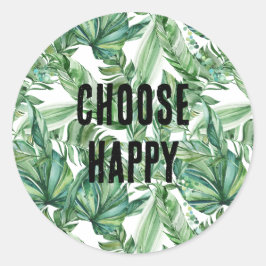 Adesivo Redondo Tropical Watercolor Green Leaves Quote