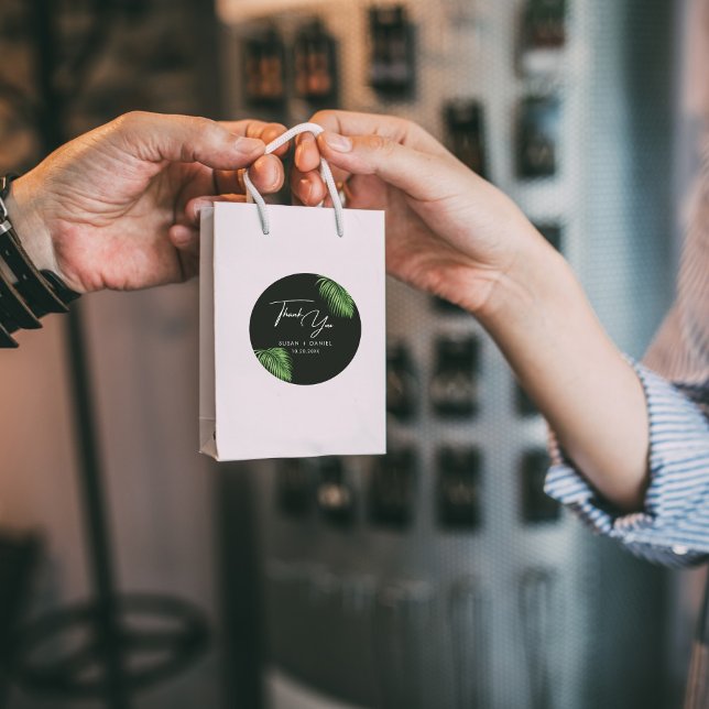 Adesivo Redondo Tropical Watercolor Palm deixa casamento Obrigado (Criador carregado)