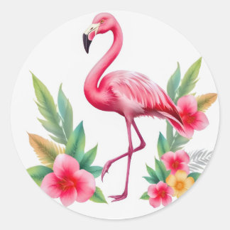 Adesivo Redondo Tropical Watercolor Pink Flamingo Floral Hawaiian