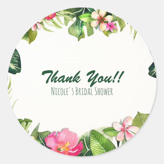 Adesivo Redondo Tropics Verdes deixam aquarela floral (Frente)