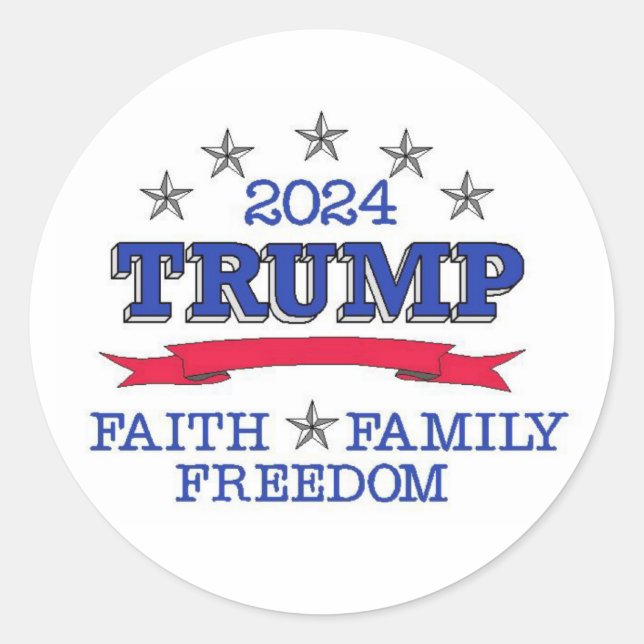 Adesivo Redondo Trump 2024 Faith Family Freedom (Frente)