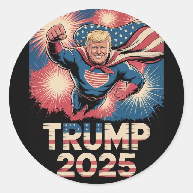 Adesivo Redondo Trump 2025: Homenagem do Super Herói Patriótico (Frente)