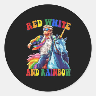 Adesivo Redondo Trump Andando Unicorn Vermelho Branco E Arco-Íris